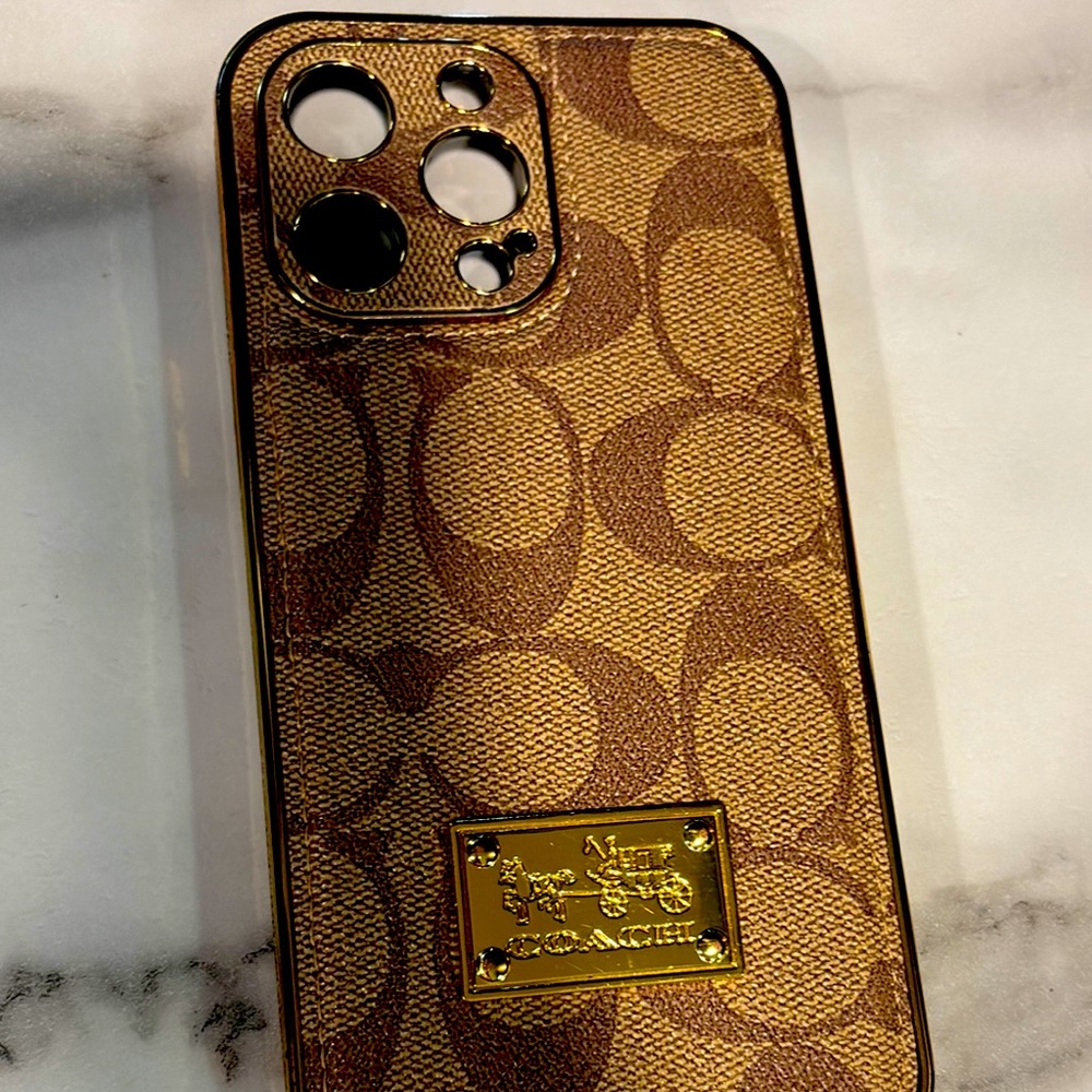 Coach Brown Signature Monogram Phone Case with Gold Plaque